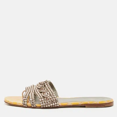 Pre-owned Gina Yellow Croc Embossed Leather Crystal Embellished Loren Flat Sandals Size 39