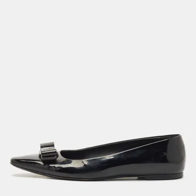 Pre-owned Ferragamo Black Patent Leather Vara Bow Ballet Flats Size 37