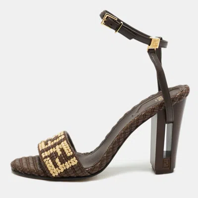 Pre-owned Fendi Brown/beige Zucca Raffia And Leather Delfina Sandals Size 38