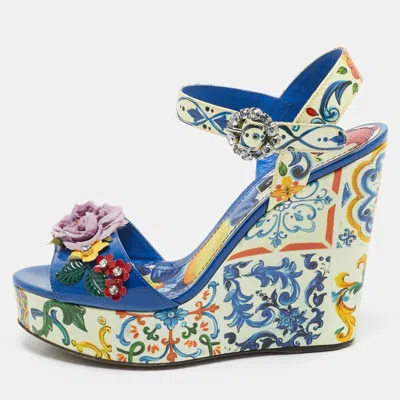 Pre-owned Dolce & Gabbana Multicolor Floral Patent Leather Wedge Platform Ankle Strap Sandals Size 37