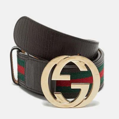 Pre-owned Gucci Brown Web Canvas And Leather Interlocking G Buckle Belt 85cm