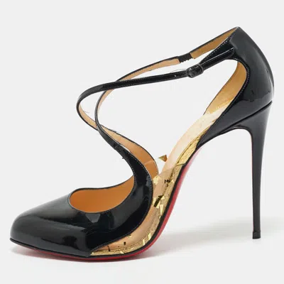 Pre-owned Christian Louboutin Black Patent Leather Crossettinetta Cross Strap Sandals Size 40.5
