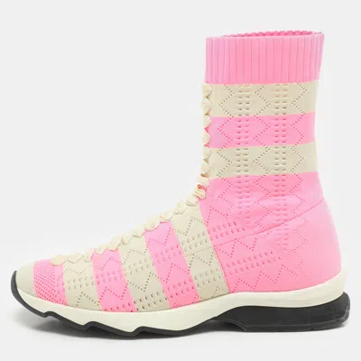 Pre-owned Fendi Pink And Beige Stripes Knit Fabric Sneaker Boots Size 38