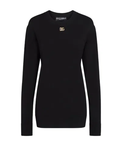Dolce & Gabbana Viscose Sweater With Crystal Dg Embellishment In Black