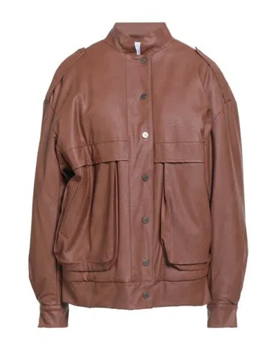 Soallure Woman Jacket Tan Size 4 Polyester, Polyurethane In Brown