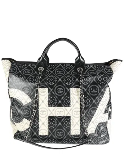 Pre-owned Chanel Beige & Black Coated Canvas & Leather Camellia & Cc Print Shopper Tote  (authentic Pre-loved)