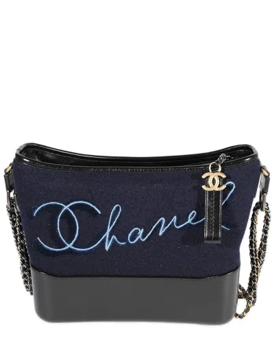 Pre-owned Chanel Black & Blue Embroidered Wool & Calfskin Leather Paris-hamburg Large Gabrielle Hobo (authenti