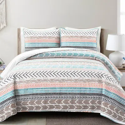 Hivvago Scandinavian Chevron Teal White Orange Reversible Cotton Quilt Set In Multi