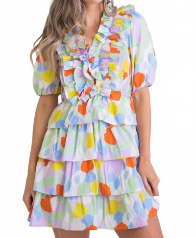 Karlie Mosaic Ruffle Smock Tier Mini Dress In Blue Multi In Multi