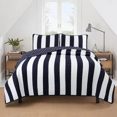 Hivvago King 3 Piece Reversible Navy White Stars Stripes 100-percent Cotton Quilt Set