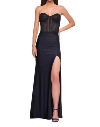 La Femme Long Jersey Corset Top Prom Dress In Black In Black