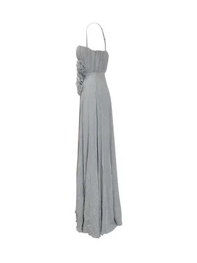 Elisabetta Franchi Pleated Dress Floral Embellishments In Blue