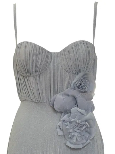 Elisabetta Franchi Pleated Dress Floral Embellishments In Blue