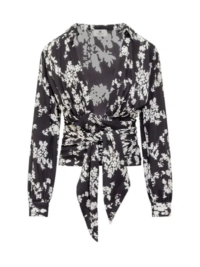 Elisabetta Franchi Georgette Blouse With Floral Pattern And Waist Sash In Multi