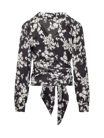 Elisabetta Franchi Georgette Blouse With Floral Pattern And Waist Sash In Multi