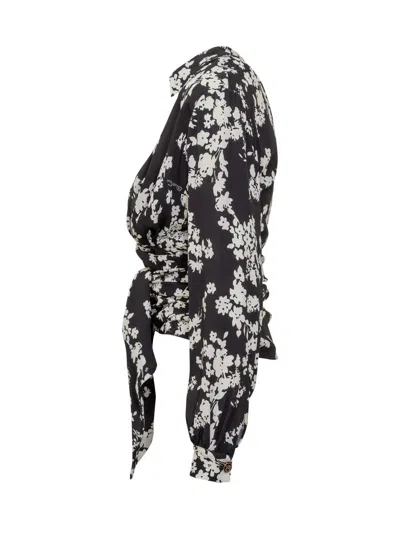 Elisabetta Franchi Georgette Blouse With Floral Pattern And Waist Sash In Multi