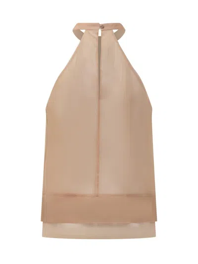 Pinko Top En Organza De Soie Avec Broderie Bijou Sur Le Col In Brown