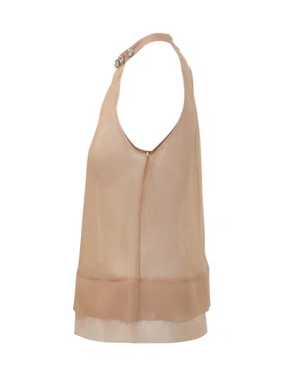 Pinko Top En Organza De Soie Avec Broderie Bijou Sur Le Col In Brown