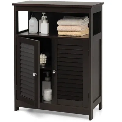 Hivvago Farmhouse Bathroom Linen Cabinet With Louvered Doors And Open Shelf In Black