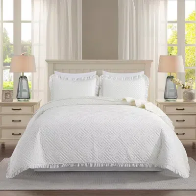Hivvago Ivory White Velvet Microfiber Polyester Reversible 3-piece Quilt Set In White