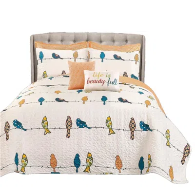 Hivvago Orange White Blue Floral Birds On Wire 7 Piece Lightweight Quilt Set In Multi