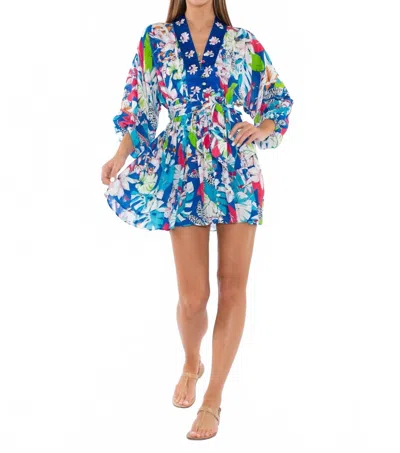 Taj By Sabrina Crippa Belted Mini Dress In Blue Floral Palm In Blue