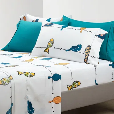 Hivvago Teal Yellow White Floral Birds On Wire Soft Polyester 6 Piece Sheet Set In White