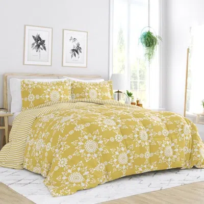 Hivvago 3 Piece Yellow Reversible Daisy Medallion Stripped Comforter Set In Yellow