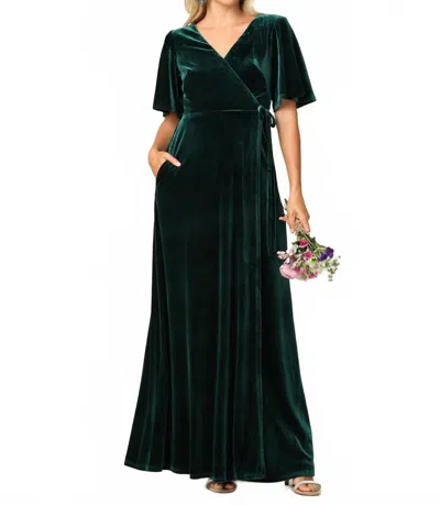 Eva Oslo Flutter Half Sleeve Velvet Wrap Evening Dress In Hunter Green