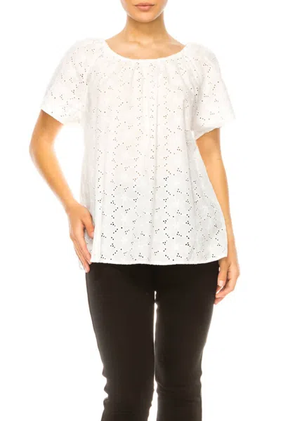 Grand & Greene Floral Eyelet Elastic Neckline Top In White