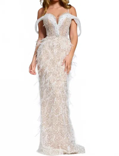 Jovani Feathered Plunge Gown With Dazzling Embellishments In White