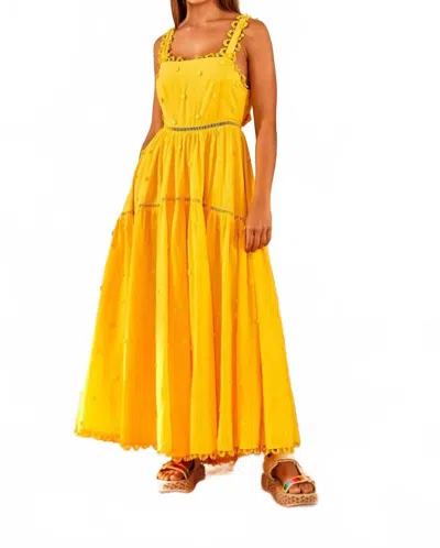Farm Rio Yellow 3d Flowers Cotton Maxi Dress Crochet Embroidery