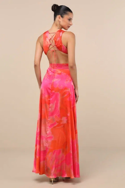 Lulus Dedra Pink And Orange Abstract Pleated Maxi Dress