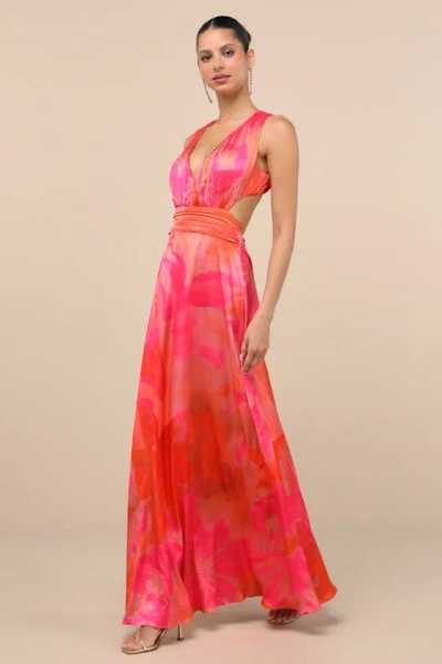 Lulus Dedra Pink And Orange Abstract Pleated Maxi Dress