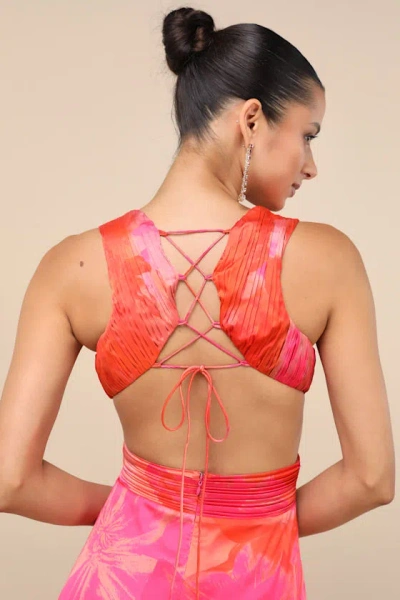 Lulus Dedra Pink And Orange Abstract Pleated Maxi Dress