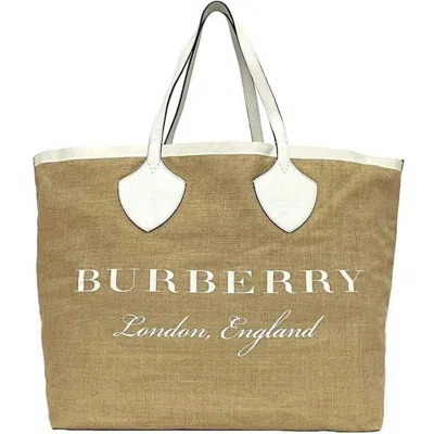 Pre-owned Burberry Beige White Raffia Leather Tote Bag ()