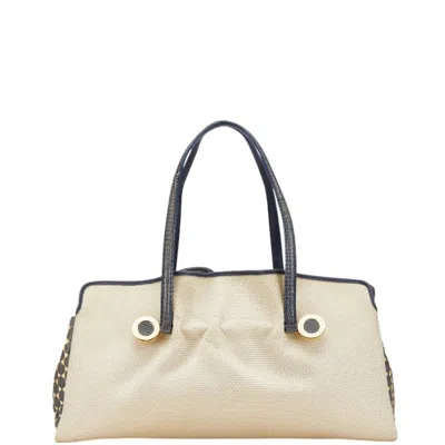 Pre-owned Bvlgari Beige Navy Canvas Leather Shoulder Bag Tote Bag ()