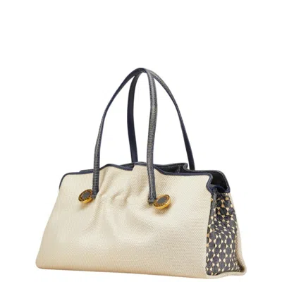 Pre-owned Bvlgari Beige Navy Canvas Leather Shoulder Bag Tote Bag ()