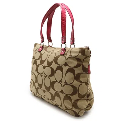 Pre-owned Coach Poppy Beige Pink Signature Line Shoulder Bag Tote Bag ()