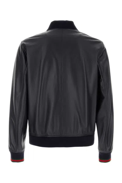 Gucci Signature Web Leather Bomber Jacket In Blue