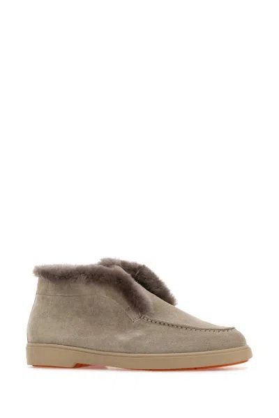 Santoni Grey Suede Ankle Boots With Fur Trim In Brown