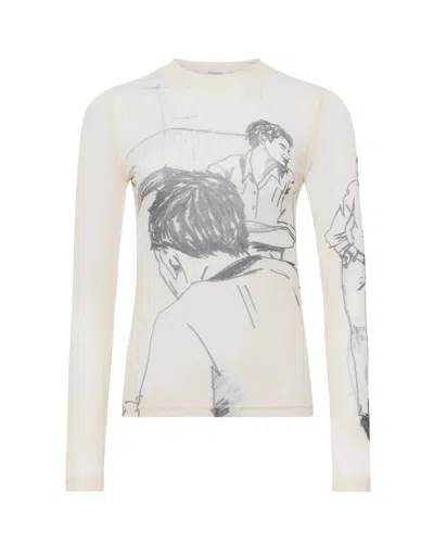 Jw Anderson Sheer Graphic Print Top With Long Sleeves In Neutral