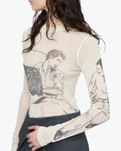 Jw Anderson Sheer Graphic Print Top With Long Sleeves In Neutral