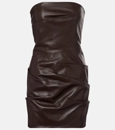 Attico Strapless Leather Dress With Layered Textured Finish In Brown