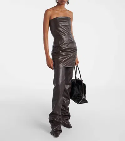 Attico Strapless Leather Dress With Layered Textured Finish In Brown