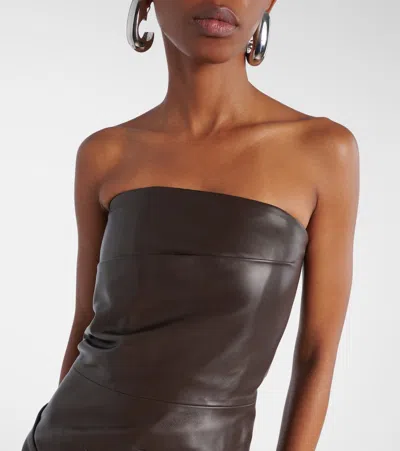 Attico Strapless Leather Dress With Layered Textured Finish In Brown