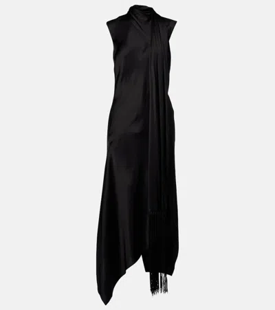 Acne Studios Fringed Scarf-detail Satin Midi Dress In Black