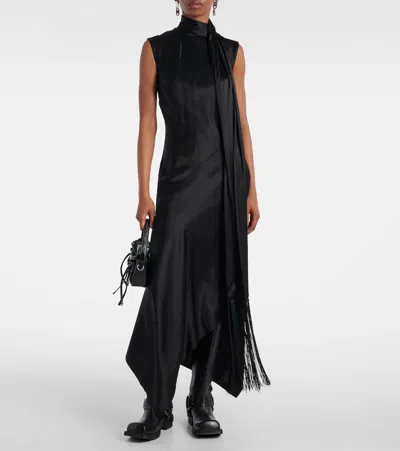 Acne Studios Fringed Scarf-detail Satin Midi Dress In Black