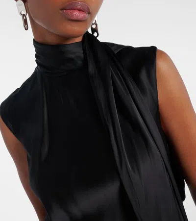 Acne Studios Fringed Scarf-detail Satin Midi Dress In Black