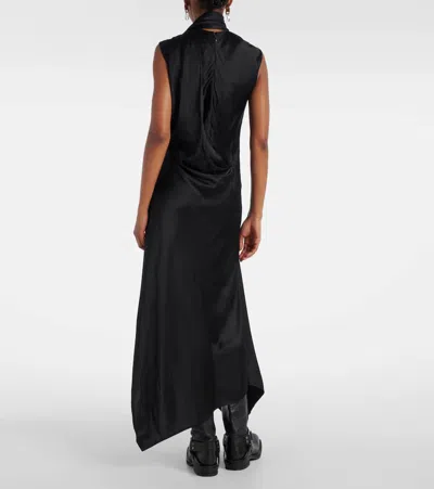 Acne Studios Fringed Scarf-detail Satin Midi Dress In Black